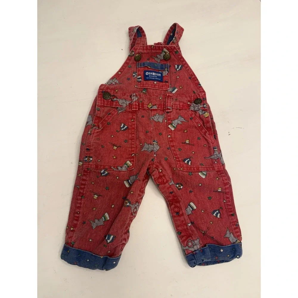 Vintage OSHKOSH Vestbak Denim Overalls Elephants Circus 6/9 Month USA Union Made